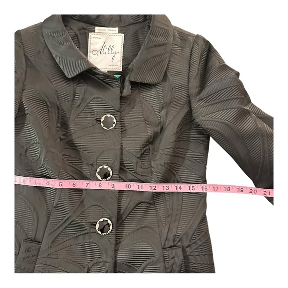 Milly Vintage Textured Black Jacquard Coat Green Lining 3/4 Sleeve Luxury Size 4 - Picture 12 of 15